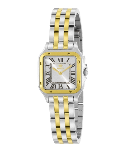 Reloj de mujer con movimiento japonés de 3 agujas, caja de 26 mm en metal y brazalete de acero. Esfera blanca con agujas doradas