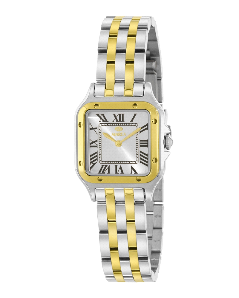 Reloj de mujer con movimiento japonés de 3 agujas, caja de 26 mm en metal y brazalete de acero. Esfera blanca con agujas doradas