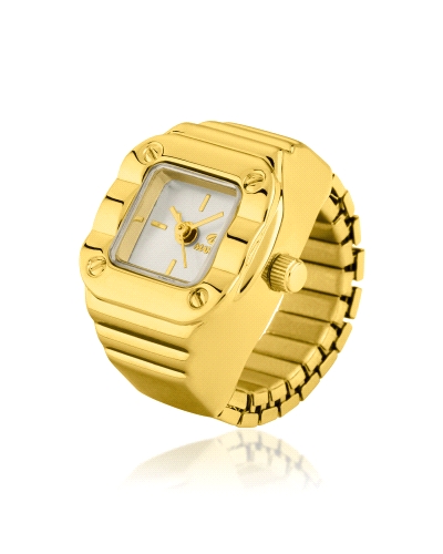 Reloj analógico con acabado dorado y caja cuadrada de metal de 20 mm. Brazalete de acero, no resistente al agua.