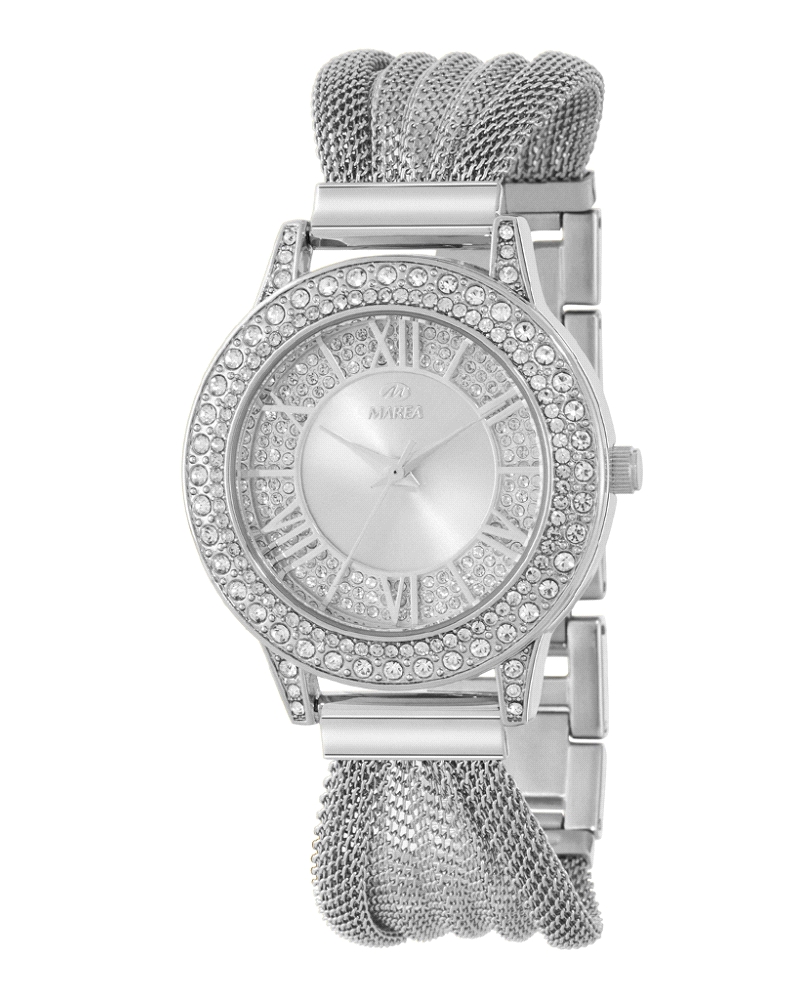 El Reloj Marea Fancy B41426/1 Mujer, combina elegancia y brillo con su caja redonda de 36 mm, esfera plateada y delicadas circon
