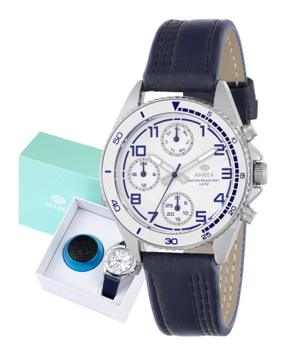 Reloj con caja de metal de 38 mm con bisel blanco y esfera con indicadores azules. La pulsera es de piel azul con cierre de hebi