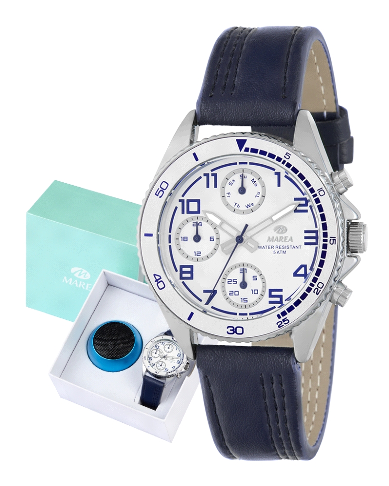 Reloj con caja de metal de 38 mm con bisel blanco y esfera con indicadores azules. La pulsera es de piel azul con cierre de hebi