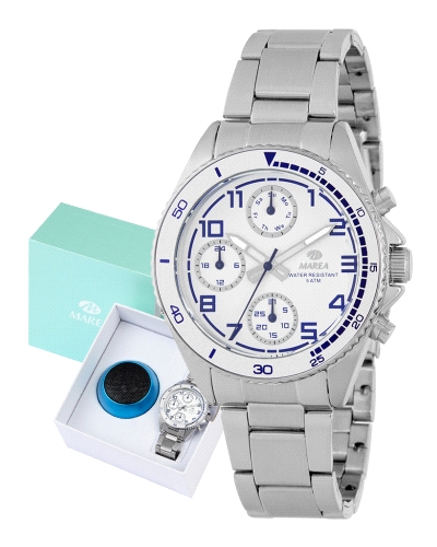 Reloj para niño, analógico con caja de metal antialérgico color plata y esfera blanca con detalles en azul, multifunción con cro