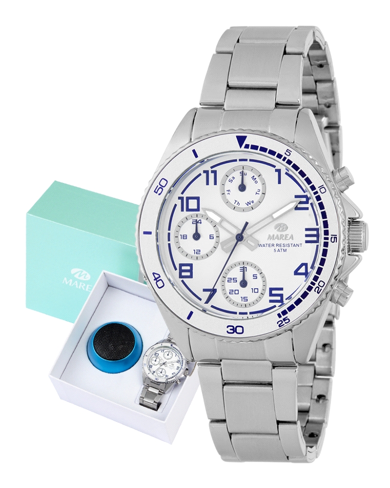 Reloj para niño, analógico con caja de metal antialérgico color plata y esfera blanca con detalles en azul, multifunción con cro