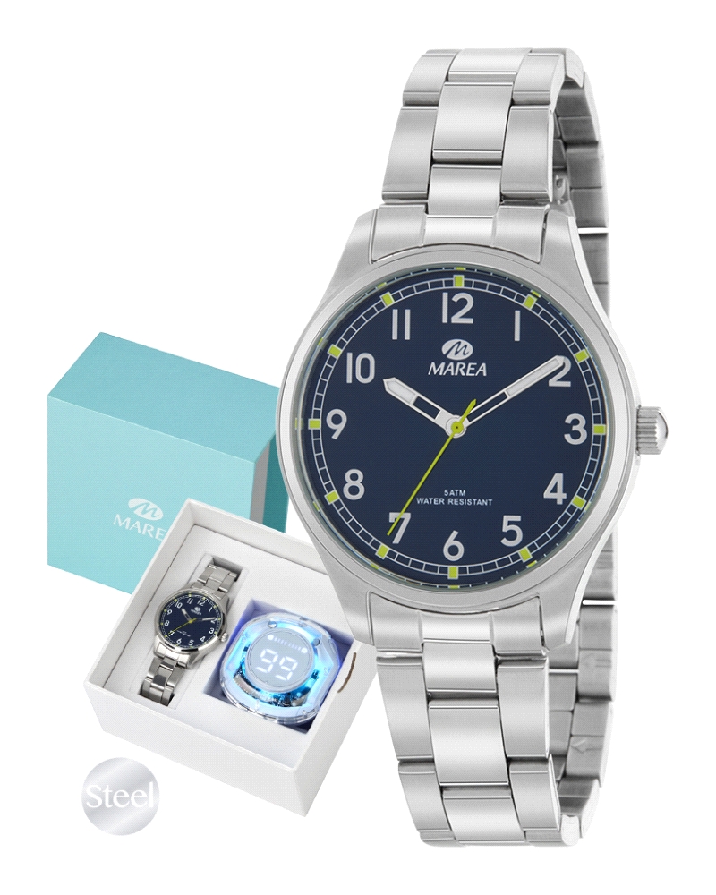 Reloj infantil con movimiento japonés de 3 agujas, caja y brazalete de acero de 34 mm. Esfera azul oscuro con detalles verdes. R