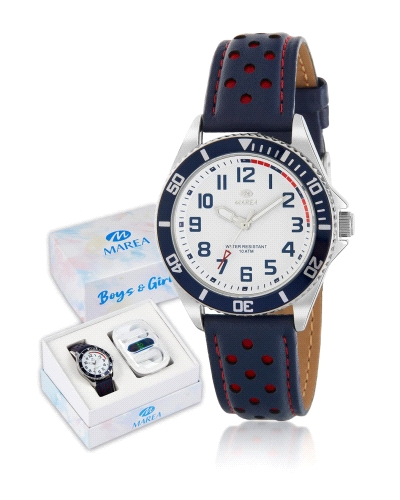 Reloj para niño, analógico con caja de acero, con bisel color azul oscuro y esfera blanca con detalles en color azul oscuro y ro