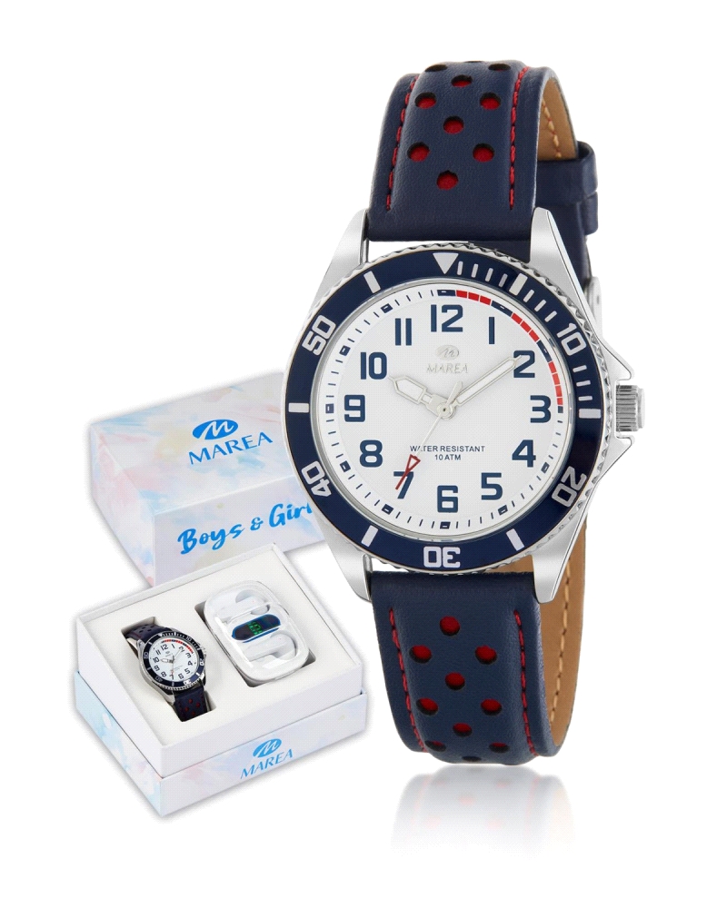 Reloj para niño, analógico con caja de acero, con bisel color azul oscuro y esfera blanca con detalles en color azul oscuro y ro