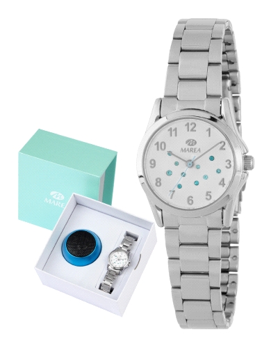 Reloj Marea Niña B41434/2 con caja de acero de 26 mm, bisel plateado y brazalete de acero. Esfera blanca y verde, movimiento qua