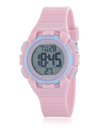 Reloj digital infantil con pantalla LCD de 36 mm, caja rosa claro con detalles azul, correa de caucho rosa y tapa de acero. Func