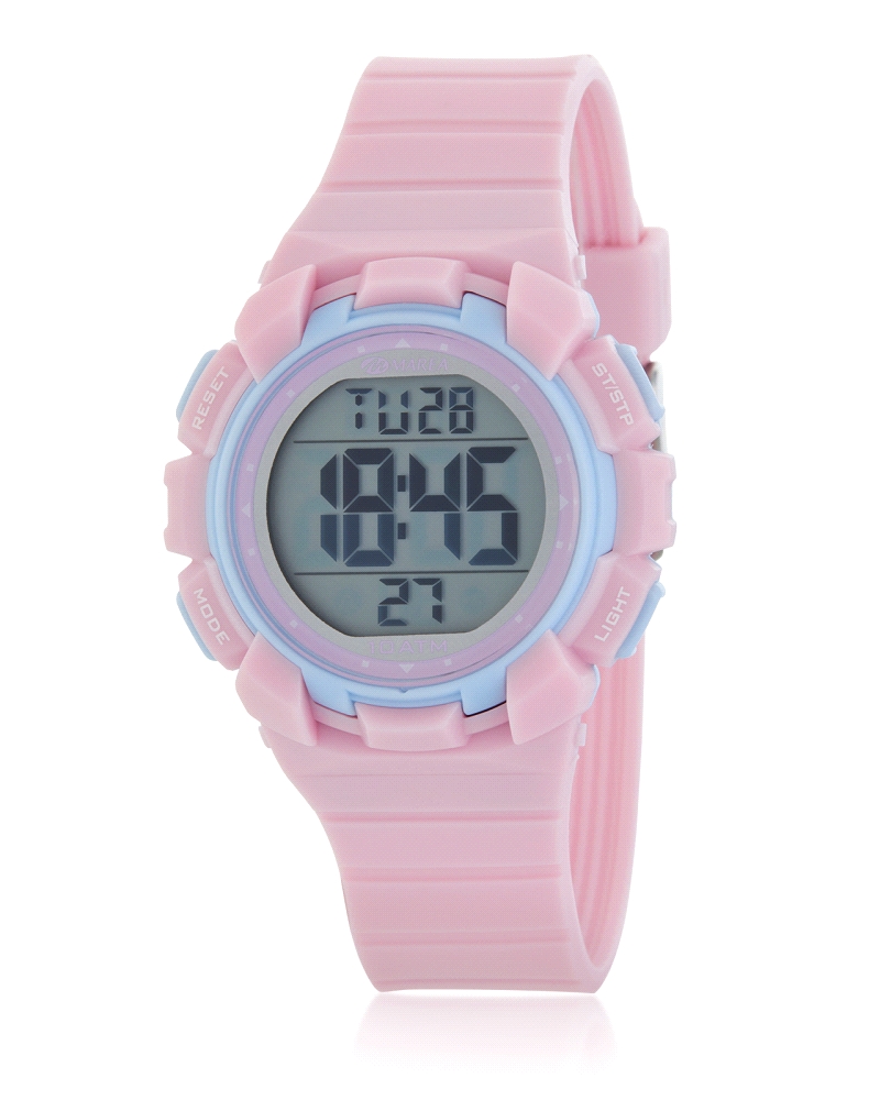 Reloj digital infantil con pantalla LCD de 36 mm, caja rosa claro con detalles azul, correa de caucho rosa y tapa de acero. Func