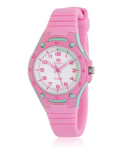 Reloj infantil con movimiento japonés de 3 agujas con luz. Caja de 34 mm turquesa, bisel rosa, correa de silicona rosa y esfera 