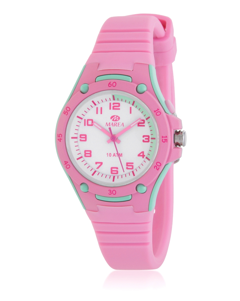 Reloj infantil con movimiento japonés de 3 agujas con luz. Caja de 34 mm turquesa, bisel rosa, correa de silicona rosa y esfera 