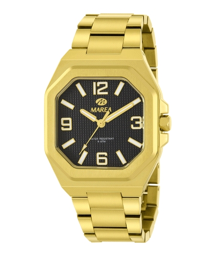 Reloj Marea Hombre B54295/5 con caja y brazalete de acero inoxidable dorado, esfera negra y cristal mineral. Movimiento quartz y