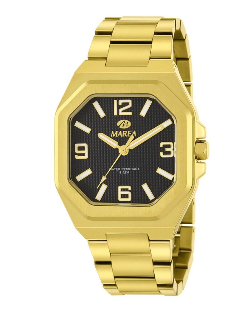 Reloj Marea Hombre B54295/5 con caja y brazalete de acero inoxidable dorado, esfera negra y cristal mineral. Movimiento quartz y