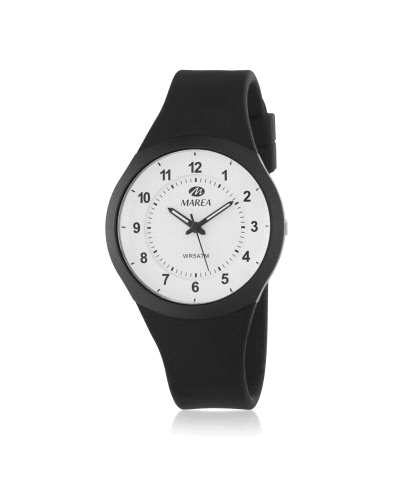 Reloj de hombre con movimiento japonés de 3 agujas, caja de 40 mm en plástico negro y correa de silicona negra. Esfera blanca pa