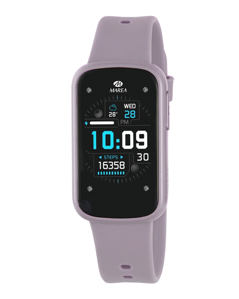 Smartband con pantalla táctil de 1,47” y resolución 1729x320 px. Batería de 155 mAh con hasta 3 días de autonomía. Caja de plást