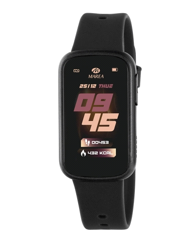 Smartband con pantalla táctil de 1,47”, resolución 1729x320 px, batería de 155 mAh con hasta 3 días de autonomía. Caja de plásti