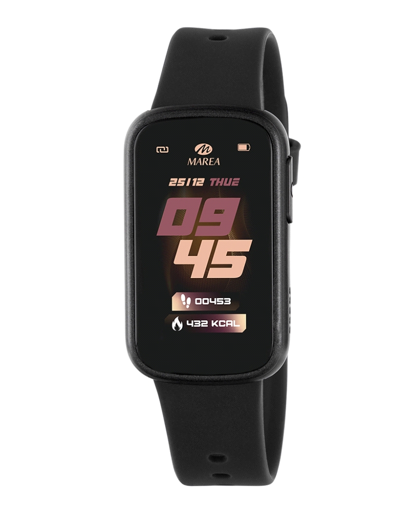 Smartband con pantalla táctil de 1,47”, resolución 1729x320 px, batería de 155 mAh con hasta 3 días de autonomía. Caja de plásti