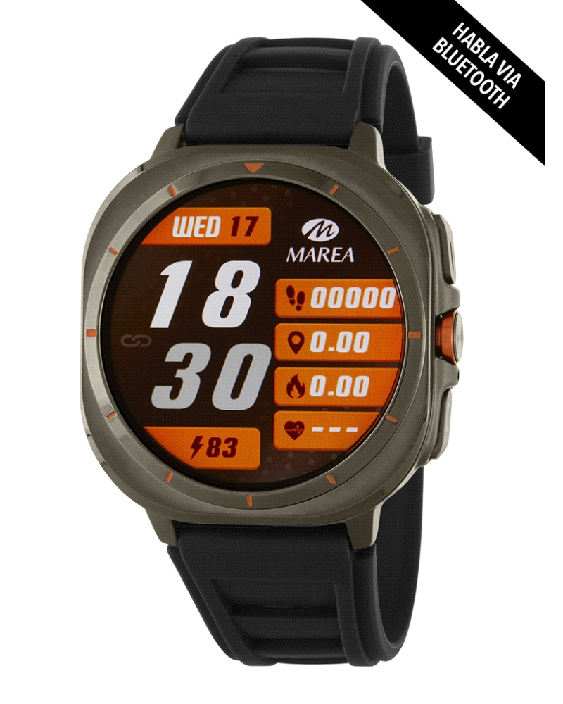 Smartwatch con pantalla táctil de 1,45”, caja de metal de 47 mm y batería de 300 mAh con hasta 5 días de autonomía. Brazalete de