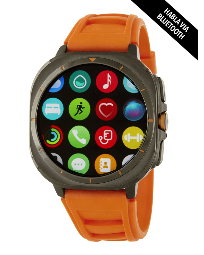 Smartwatch con pantalla táctil de 1,45”, caja de metal de 47 mm y batería de 300 mAh con hasta 5 días de autonomía. Brazalete de