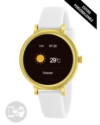 Smartwatch con pantalla de 1,09”, caja de acero dorado de 40 mm y batería de 190 mAh con hasta 2 días de autonomía. Resistente a