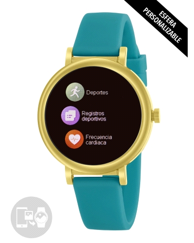 Smartwatch con pantalla de 1,09”, caja de acero dorado de 40 mm y batería de 190 mAh con hasta 2 días de autonomía. Resistente a