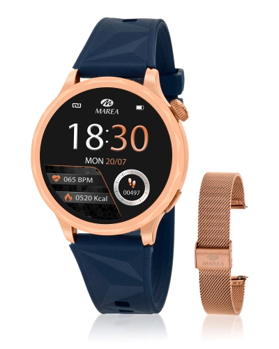 Smartwatch con pantalla de 1,6” y caja de 40 mm en metal rose gold. Batería de 220 mAh con hasta 3 días de autonomía. Brazalete 
