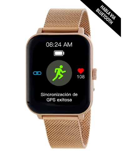 Smartwatch con pantalla táctil de 1,3”, caja de 38 x 45 mm en plástico color acero y brazalete de acero rosegold. Batería de 220