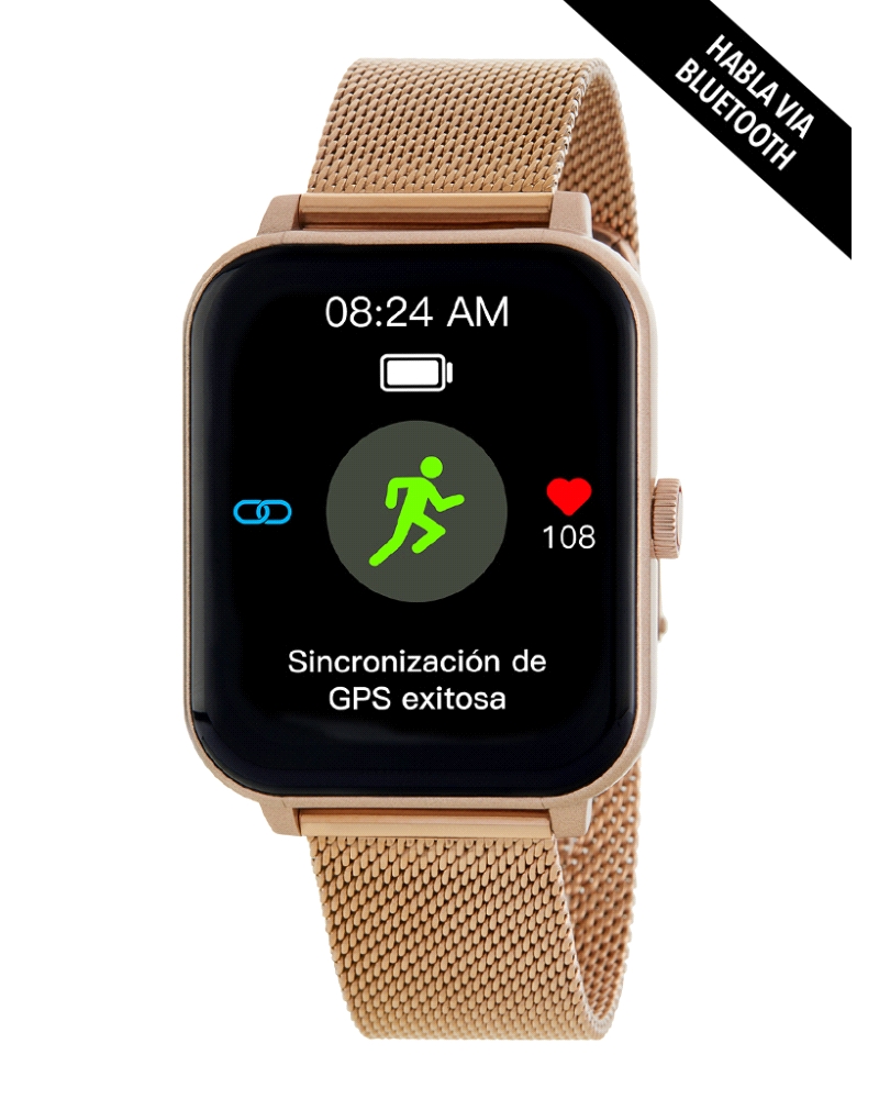 Smartwatch con pantalla táctil de 1,3”, caja de 38 x 45 mm en plástico color acero y brazalete de acero rosegold. Batería de 220