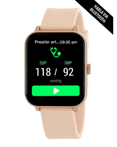 Smartwatch con pantalla táctil de 1,3”, caja de 38 x 45 mm en plástico color acero y correa de silicona rosa. Batería de 220 mAh