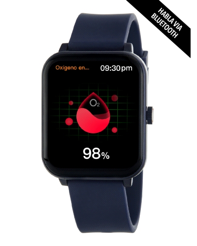 Smartwatch con pantalla táctil de 1,3”, caja de 38 x 45 mm en plástico color acero y correa de silicona azul oscuro. Batería de 