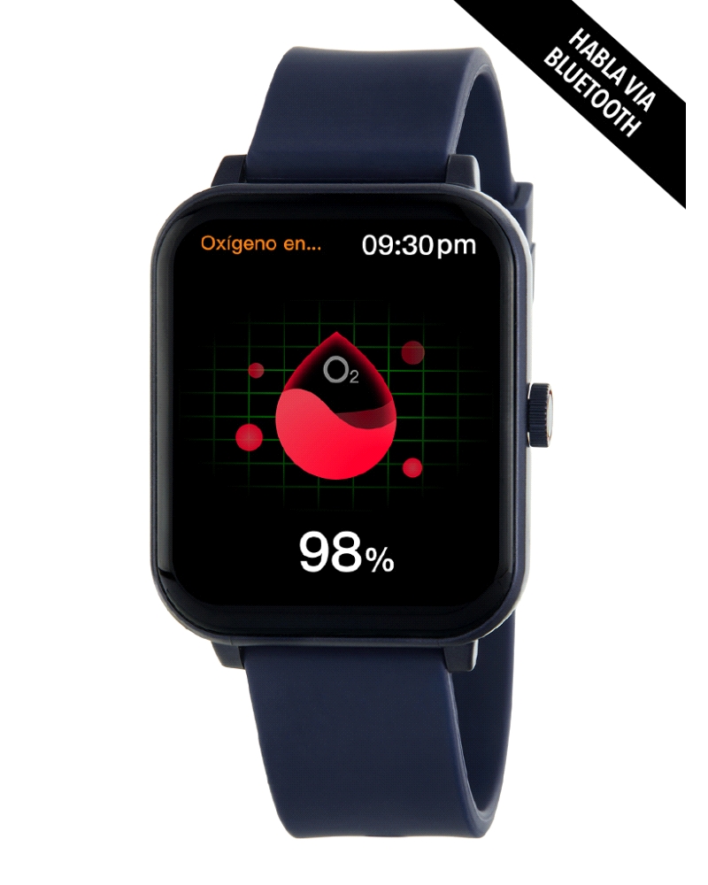 Smartwatch con pantalla táctil de 1,3”, caja de 38 x 45 mm en plástico color acero y correa de silicona azul oscuro. Batería de 