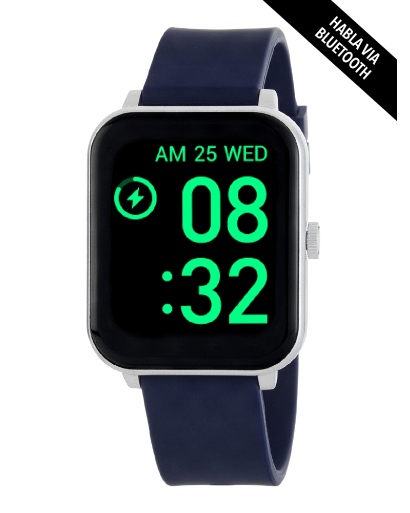 Smartwatch con pantalla táctil de 1,3”, caja de 38 x 45 mm y batería de 220 mAh con hasta 5 días de autonomía. Correa de silicon