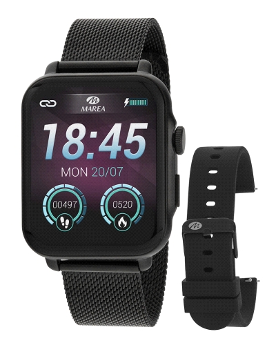 Smartwatch con pantalla táctil de 1,69”, caja de 45 x 35 mm y batería de 260 mAh con hasta 3 días de autonomía. Incluye brazalet
