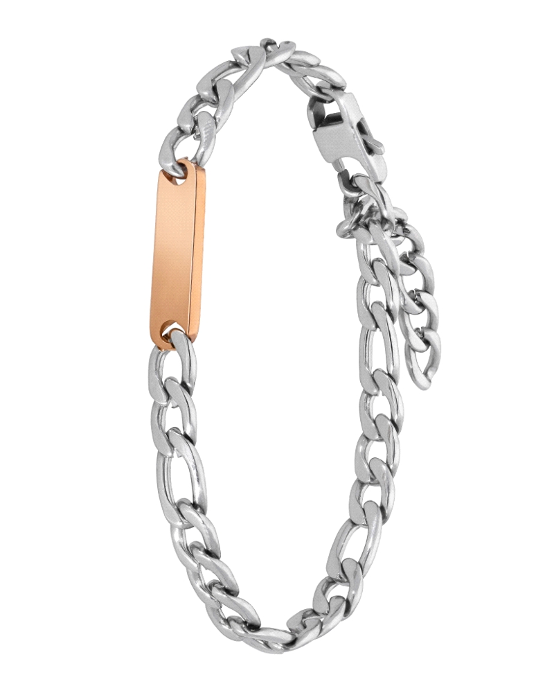 Pulsera de acero para hombre con placa lateral en color cobre. Medida 20 + 3 cm con cierre de acero. Diseño moderno y elegante, 