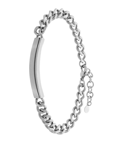 Pulsera de acero para hombre con placa central y cierre de mosquetón. Longitud de 20+3 cm, grosor de 7 mm y placa de 4 x 1,7 cm.