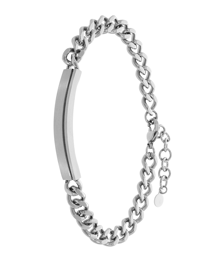 Pulsera de acero para hombre con placa central y cierre de mosquetón. Longitud de 20+3 cm, grosor de 7 mm y placa de 4 x 1,7 cm.