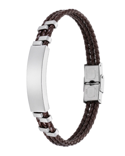 Pulsera de cuero marrón con placa y componentes en acero brillante. Diseño masculino, elegante y resistente, ideal para compleme
