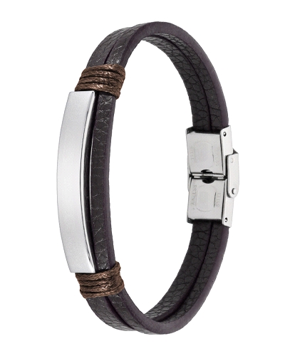 Pulsera de hombre en piel marrón con placa central de acero y cierre del mismo material. Medida 21 cm. Un accesorio elegante, re