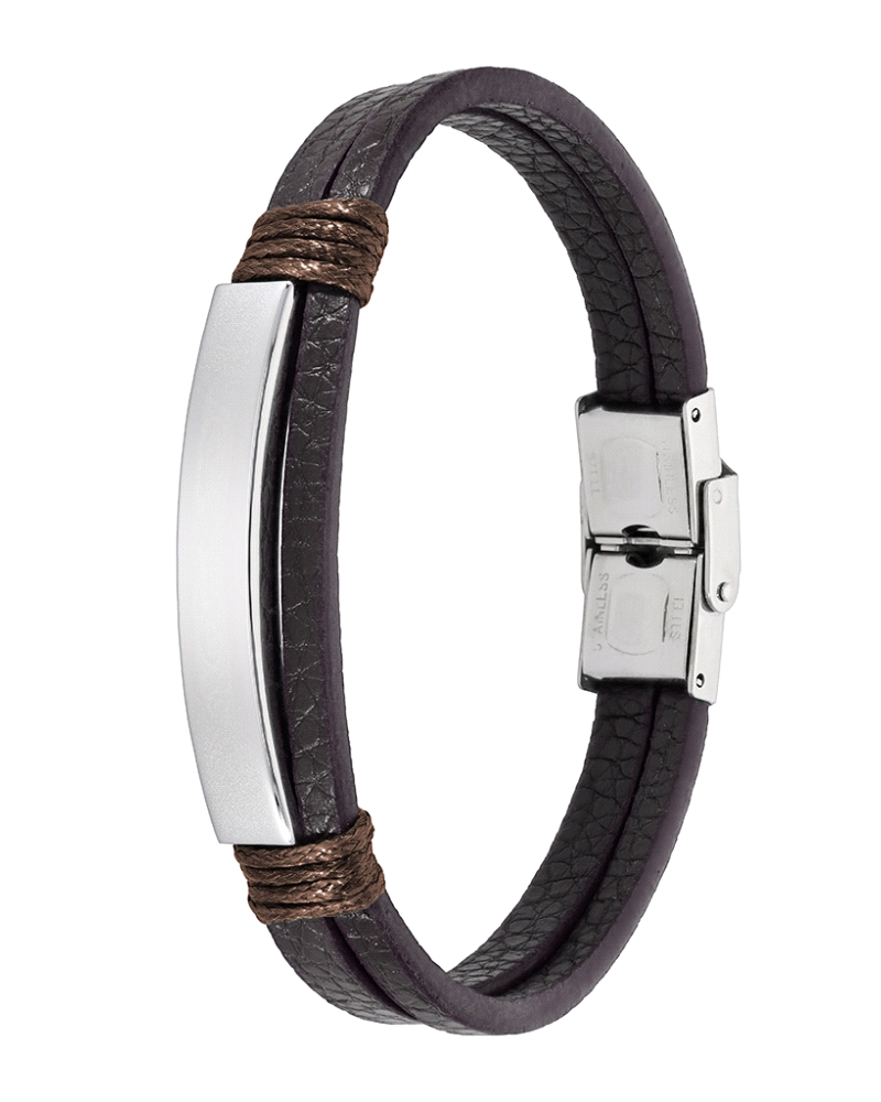 Pulsera de hombre en piel marrón con placa central de acero y cierre del mismo material. Medida 21 cm. Un accesorio elegante, re