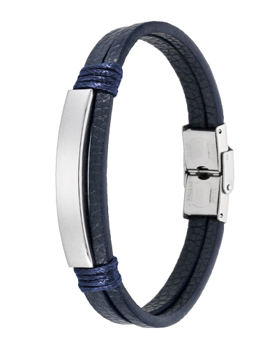 Pulsera de hombre en piel azul oscuro con placa central de acero y cierre del mismo material. Medida 21 cm. Elegante, moderna y 