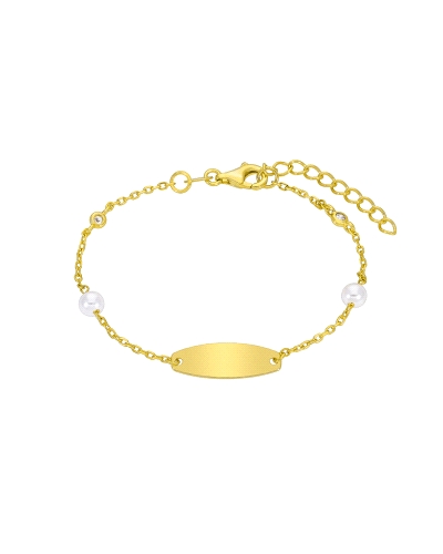 Pulsera Dream Girls en plata de ley 925 bañada en oro de 18k con plaquita grabable, perlas y circonitas. Cadena de 15+3 cm y pla