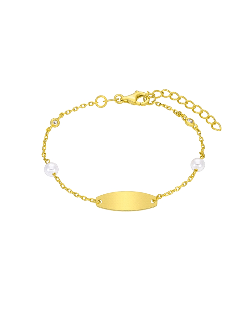 Pulsera Dream Girls en plata de ley 925 bañada en oro de 18k con plaquita grabable, perlas y circonitas. Cadena de 15+3 cm y pla