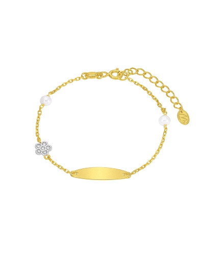 Pulsera Dream Girls en plata de ley 925 bañada en oro de 18k con placa grabable, perlas y flor con circonitas. Longitud de 15 cm