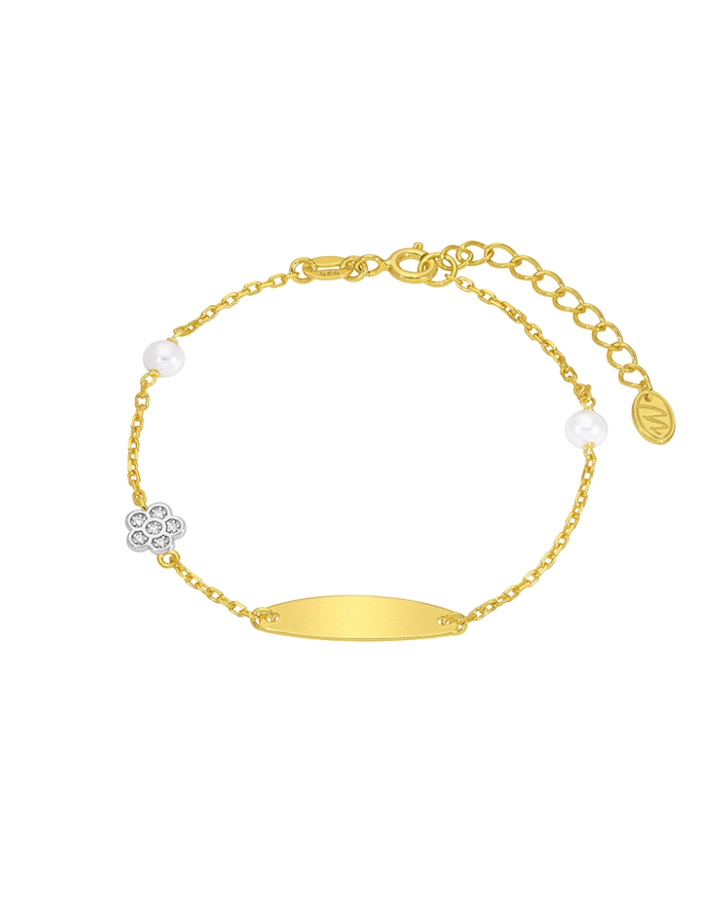 Pulsera Dream Girls en plata de ley 925 bañada en oro de 18k con placa grabable, perlas y flor con circonitas. Longitud de 15 cm