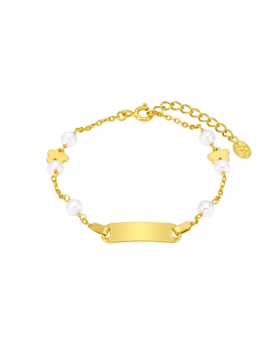 Pulsera Secrets con cadena, placa grabable, perlas y flores, bañada en oro de 18k. Longitud de 15 cm con cierre de reasa. Elegan