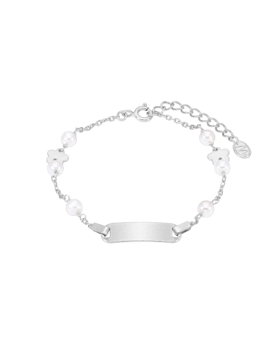 Pulsera flor con perla y plaquita grabable en plata de ley 925 rodiada. Cadena 15+3 cm, placa 12 mm, flor 10 mm y perla Ø4 mm. C