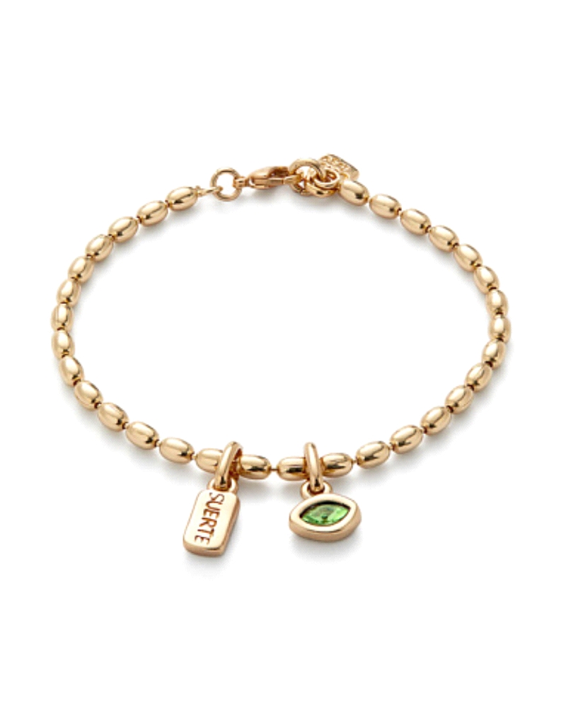 UNOde50 Pulsera PUL2569VRDORO0M presenta un diseño de cadena con un pequeño colgante y un cristal verde facetado. Elaborada en a