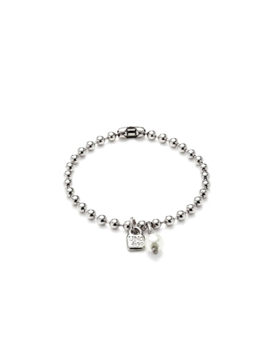 Pulsera de Uno de 50 de esferas con charms de candado y mini perla. De metal bañada en plata.