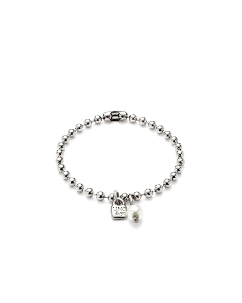 Pulsera de Uno de 50 de esferas con charms de candado y mini perla. De metal bañada en plata.